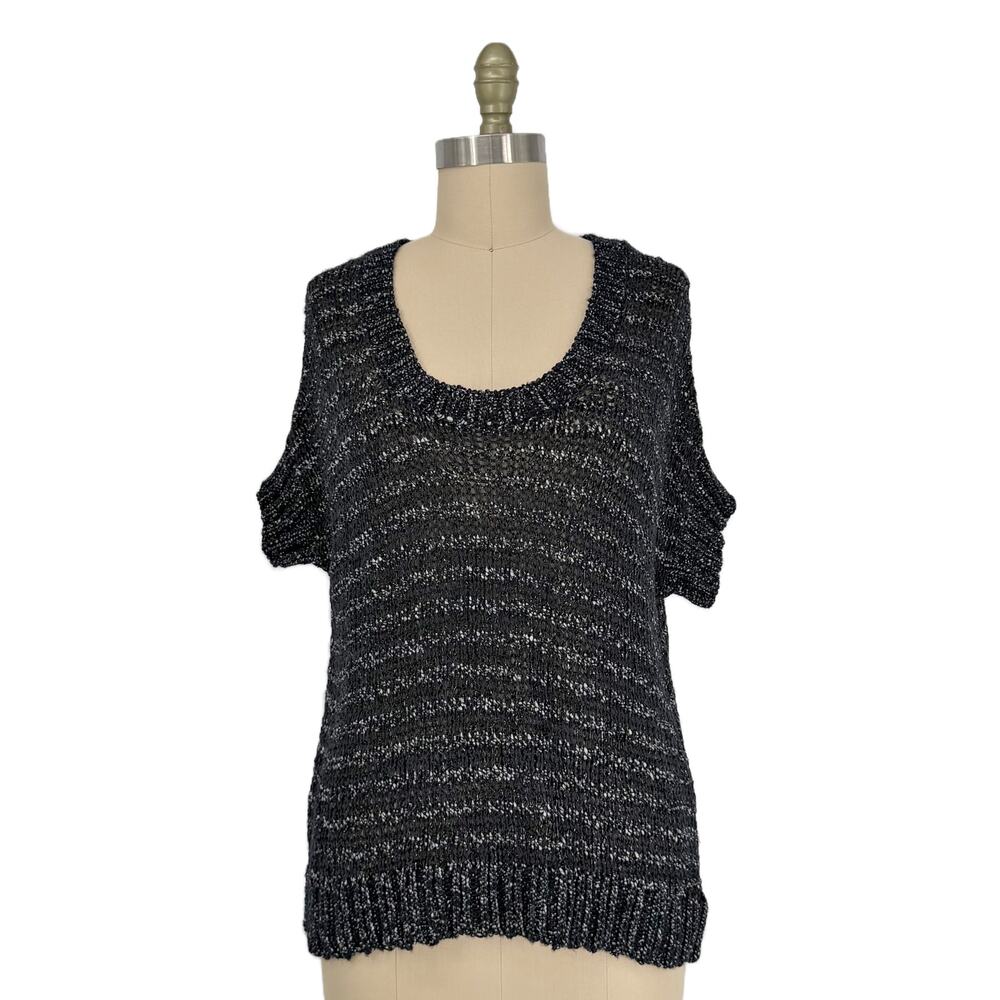 Alice + Olivia Open Mixed Knit Sweater Womens Large Metallic Stripe Short Sleeve